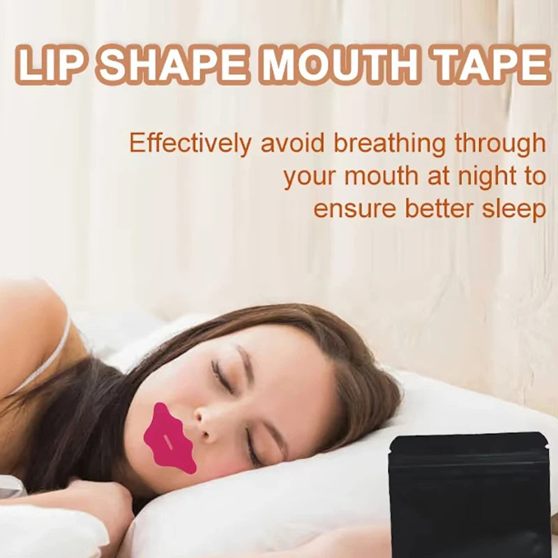 Woman sleeping with lip-shaped mouth tape on lips, infographic on avoiding mouth breathing for better sleep
