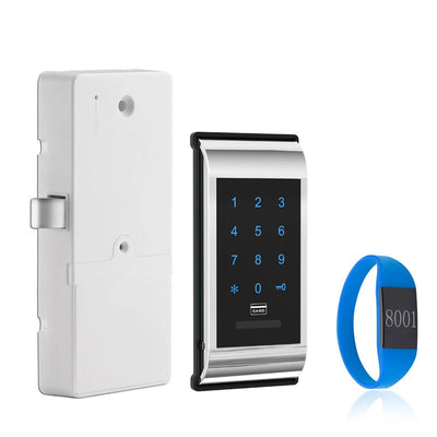 Electronic keypad cabinet lock with white lock body, touch keypad with blue backlit numbers and blue RFID wristband