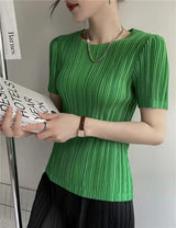 Women's pleated blouse in gray, half sleeve loose fit top
