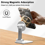 Phone being held by a magnetic stand with text about strong magnetic adsorption.