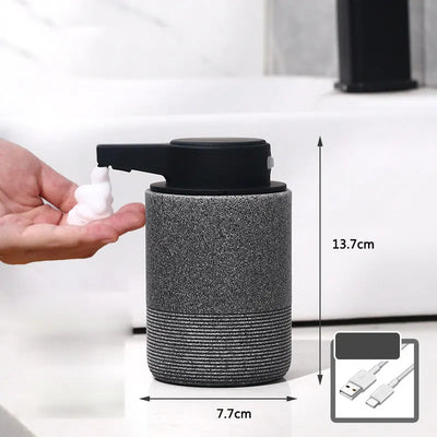 Automatic touchless soap dispenser with infrared motion sensor dispensing foam – gray textured body, black pump, USB rechargeable, 13.7 cm tall