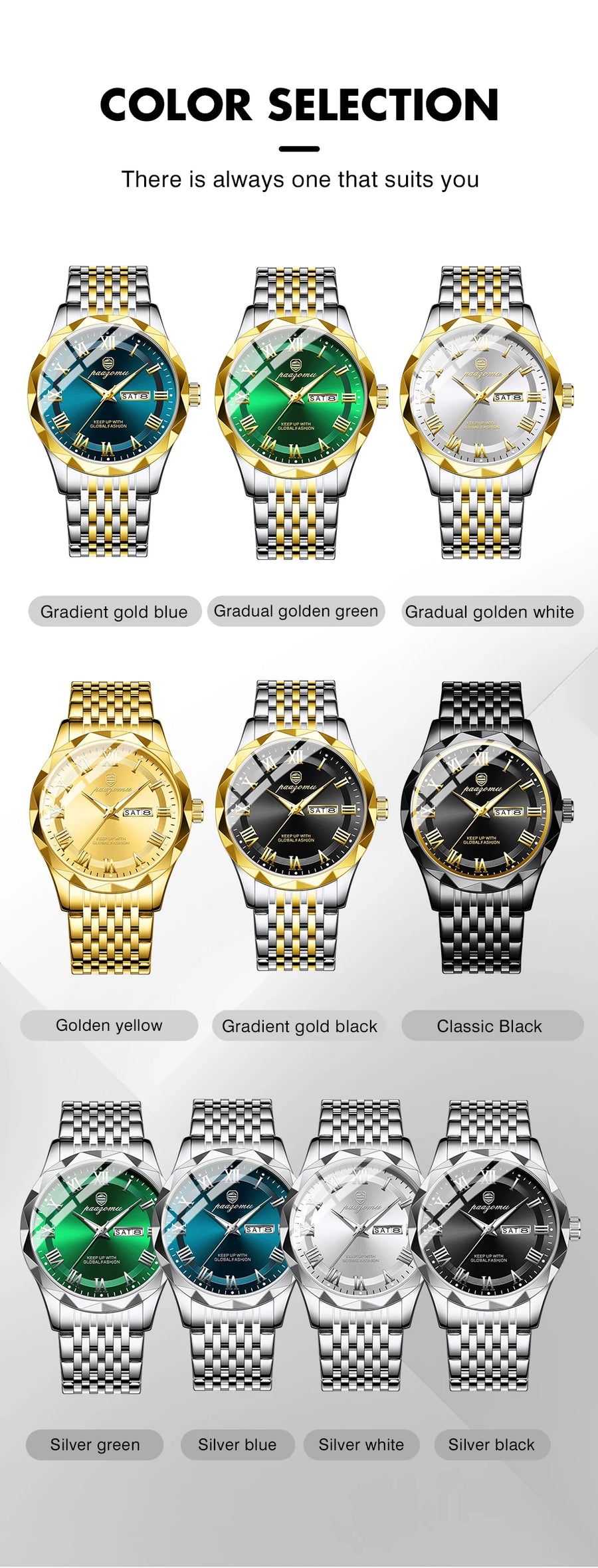 Men's minimalist quartz leisure watch – color selection options for watches displayed on white background
