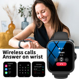 Woman using a smartwatch with call interface displayed, indoor setting.
