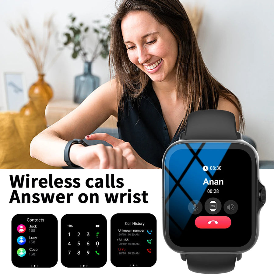 Woman using a smartwatch with call interface displayed, indoor setting.