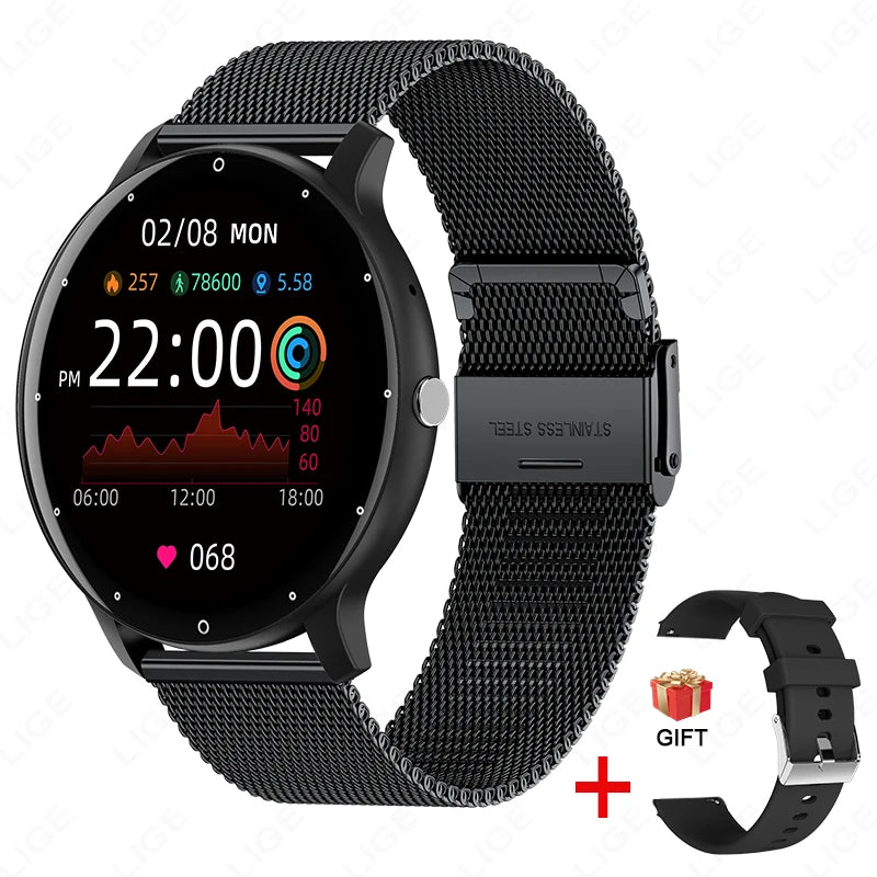 Black smartwatch with digital display and additional black watch band on white background