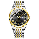 Men's minimalist quartz leisure watch – gold and silver watch with black dial on white background