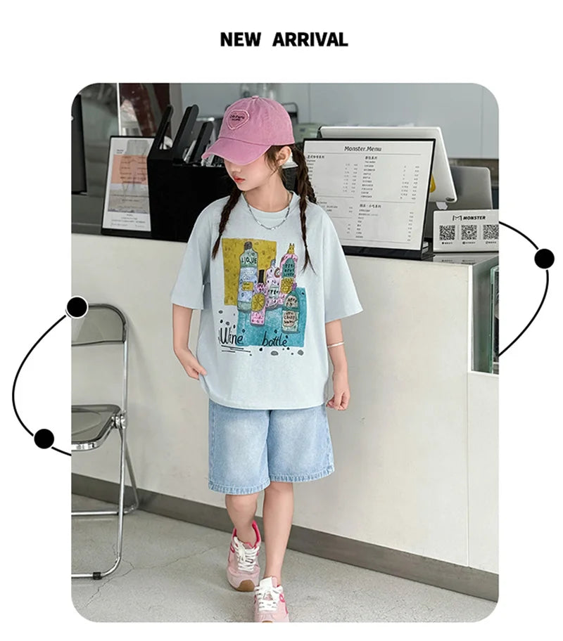Girls Summer Outfit Set – Print T-Shirt + Shorts (Ages 5-14)