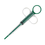 Green pet pill feeder syringe with finger-ring plunger and soft tip on white background – pill dispenser for dogs and cats