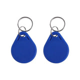 Two blue RFID IC card key fobs with metal rings for hidden electronic drawer lock, keyless cabinet access