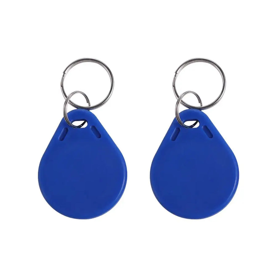 Two blue RFID IC card key fobs with metal rings for hidden electronic drawer lock, keyless cabinet access
