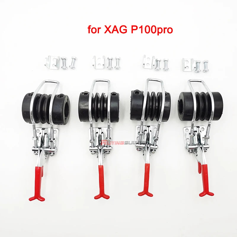Four black and silver XAG P100 pro mounting clamps with red handles, shown on a white background with red text reading 'for XAG P100pro' and small silver mounting brackets and screws above each clamp.