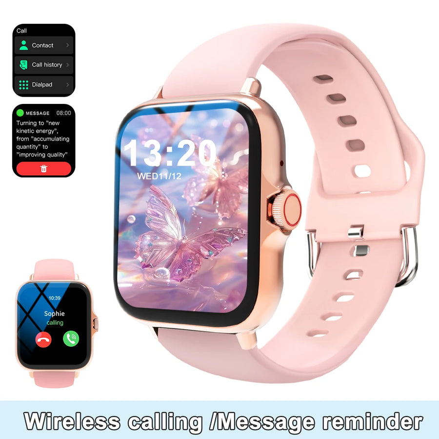 Smartwatch with pink band displaying app icons and notifications on a white background