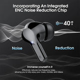 Wireless earbuds with noise reduction feature on a dark background