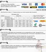 Payment, shipping, delivery time and return policy information graphic from the supplier
