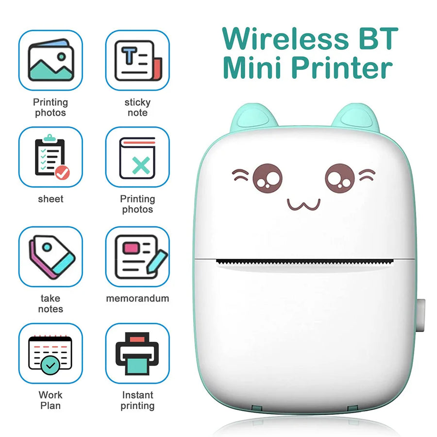 Wireless Bluetooth mini thermal printer with cartoon design on white background
