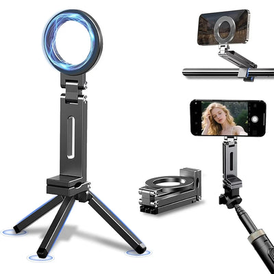 MagSafe magnetic phone tripod holding an iPhone with tripod legs extended on grey background