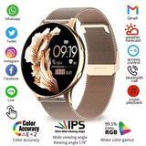 Women's Smart Watch 6 with Bluetooth calling - gold mesh band smartwatch with app icons and feature highlights