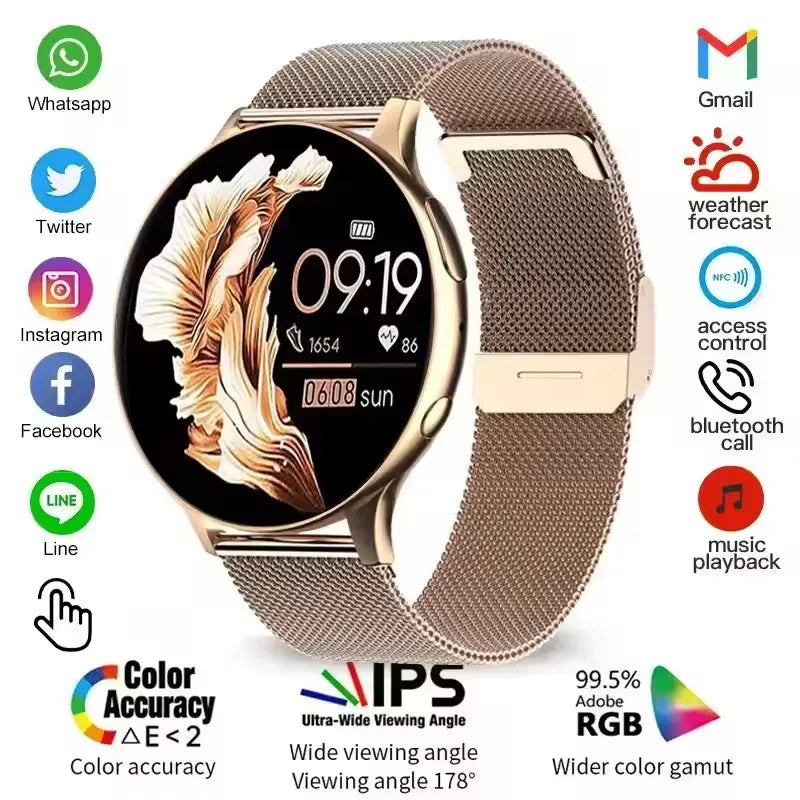Women's Smart Watch 6 with Bluetooth calling - gold mesh band smartwatch with app icons and feature highlights