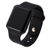 Black LED digital sport watch with black band on white background, side view of unisex casual watch.