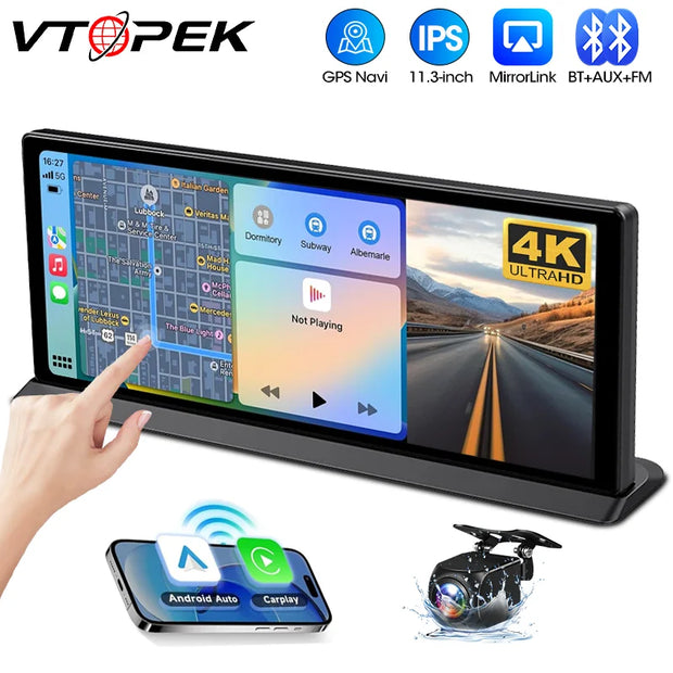Vtopek 11.3" Carplay screen displaying GPS navigation and features with smartphone integration.