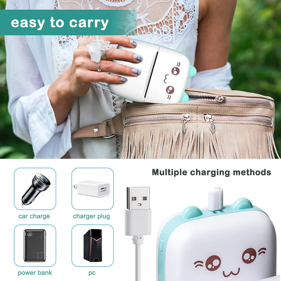 Person holding mini Bluetooth thermal label printer with cartoon face, bag and charging cable
