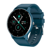 Blue smartwatch with detailed display on white background