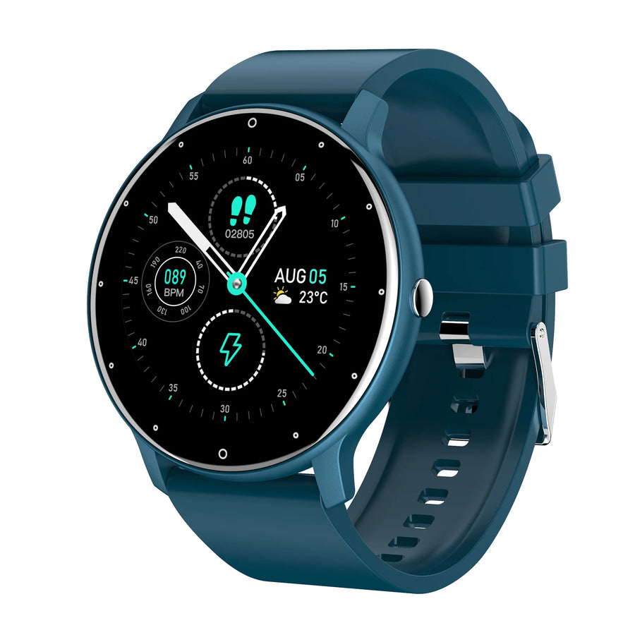 Blue smartwatch with detailed display on white background
