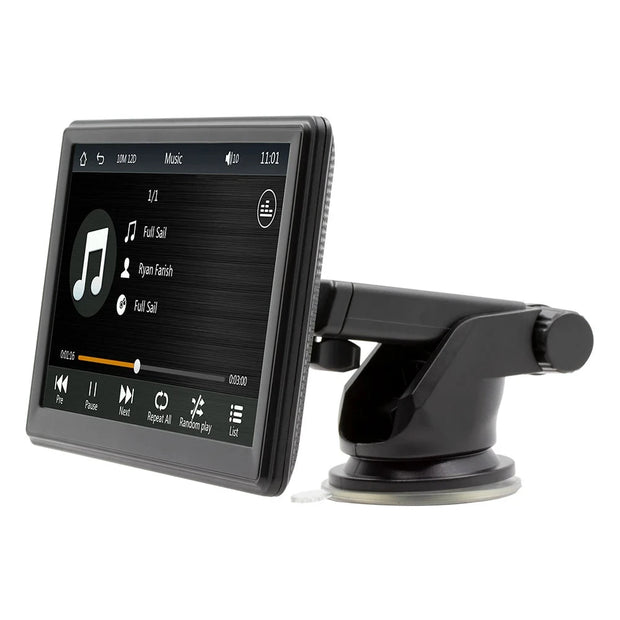 7-inch wireless car stereo with touchscreen display and mounted suction cup, showcasing music playback features.