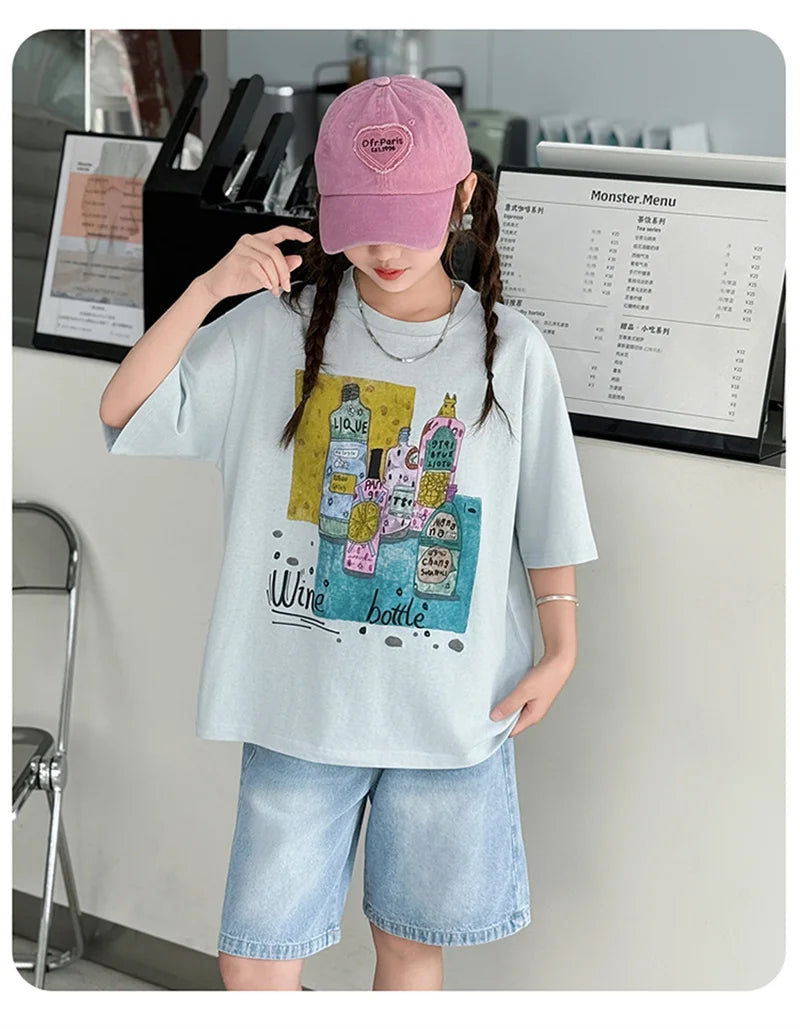 Girls Summer Outfit Set – Print T-Shirt + Shorts (Ages 5-14)
