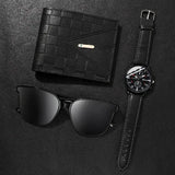 Black wallet, sunglasses, and watch on a dark textured surface