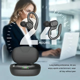 Open ear clip-on Bluetooth earbuds with charging case on blurred office background