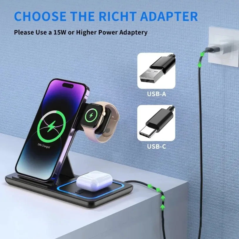 Foldable 3-in-1 Wireless Charging Station – for iPhone 17/16/15/14/13/12, iWatch & AirPods