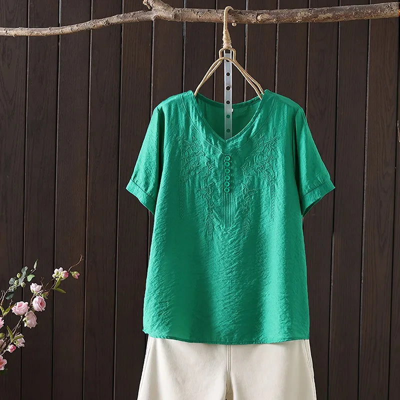 Women's Cotton Linen Embroidered Top – Vintage Casual Shirt