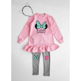 Kids Clothing Set featuring pink dress with bow and grey leggings, perfect for spring and autumn wear.