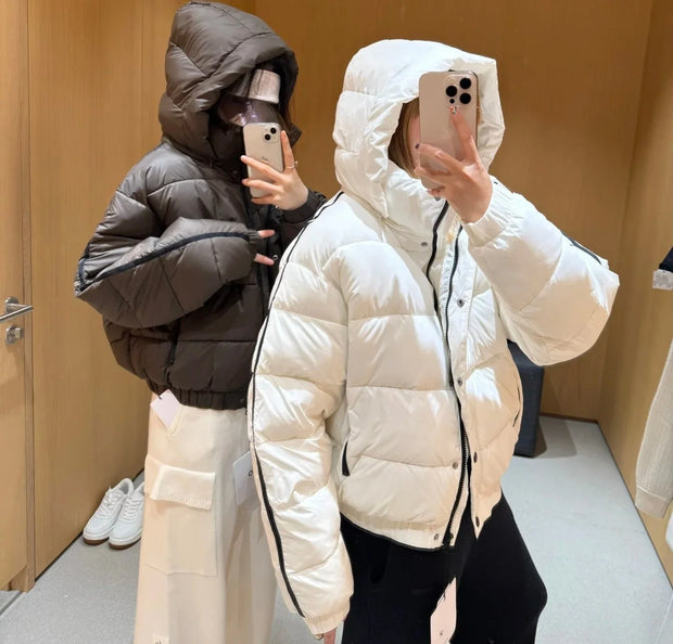 White Winter Jacket for Women Fashion Long Sleeve Hooded Bread Cotton Clothes Female Leisure Thick Warm Padded Coat Women
