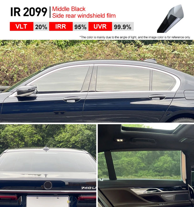 High heat resistant car window tint installation on luxury vehicle, providing sun protection and privacy with 20% VLT.