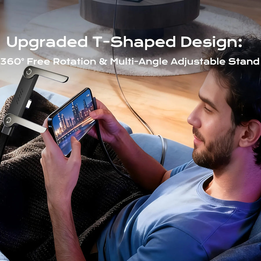 240W Type-C fast charging cable – man using smartphone with adjustable stand in living room setting