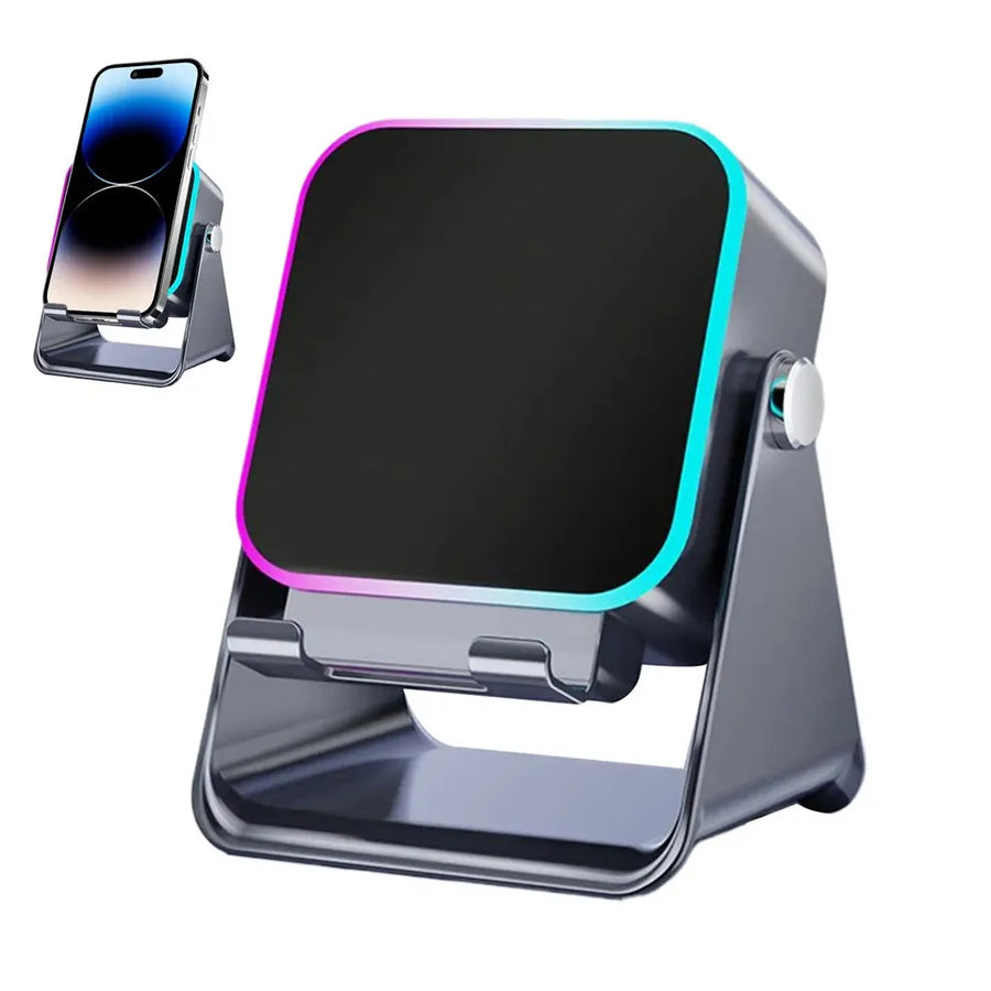 Multi-device charging stand with smartphone, smartwatch, and wireless charger on a white background