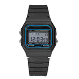 Men's black LED digital military watch with blue accents and water resistance, close-up of digital dial on white background.