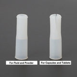 Two soft silicone pill feeder tips labeled for fluid/powder and capsules/tablets on dark background – replacement soft tips for pet pill syringe