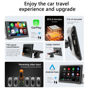 7-inch wireless car stereo features including CarPlay, FM transmission, reversing video input, and Android Auto.