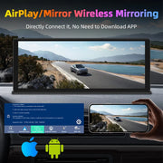 Vtopek Carplay screen showing AirPlay and mirror wireless mirroring feature with a car driving on a scenic road.