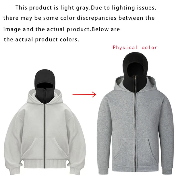 Men's Balaclava Zip Hoodie with Face Mask Winter Warm Zipper Sweatshirt Oversized Hooded Sports Jacket for Outdoor Activities