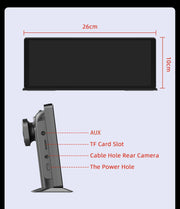 Dimensions and ports of the Vtopek Carplay screen, including AUX, TF card slot, and power connection.