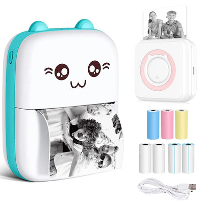 Mini Bluetooth thermal label printer with cartoon face, photo paper and USB cable on white background
