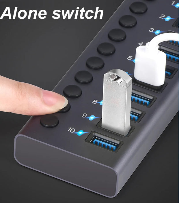 10 Ports USB 3.0 HUB Charging 5Gbps Data Transfer External Splitter Docking Station Power 60W LED Light Switch Convert Adapter
