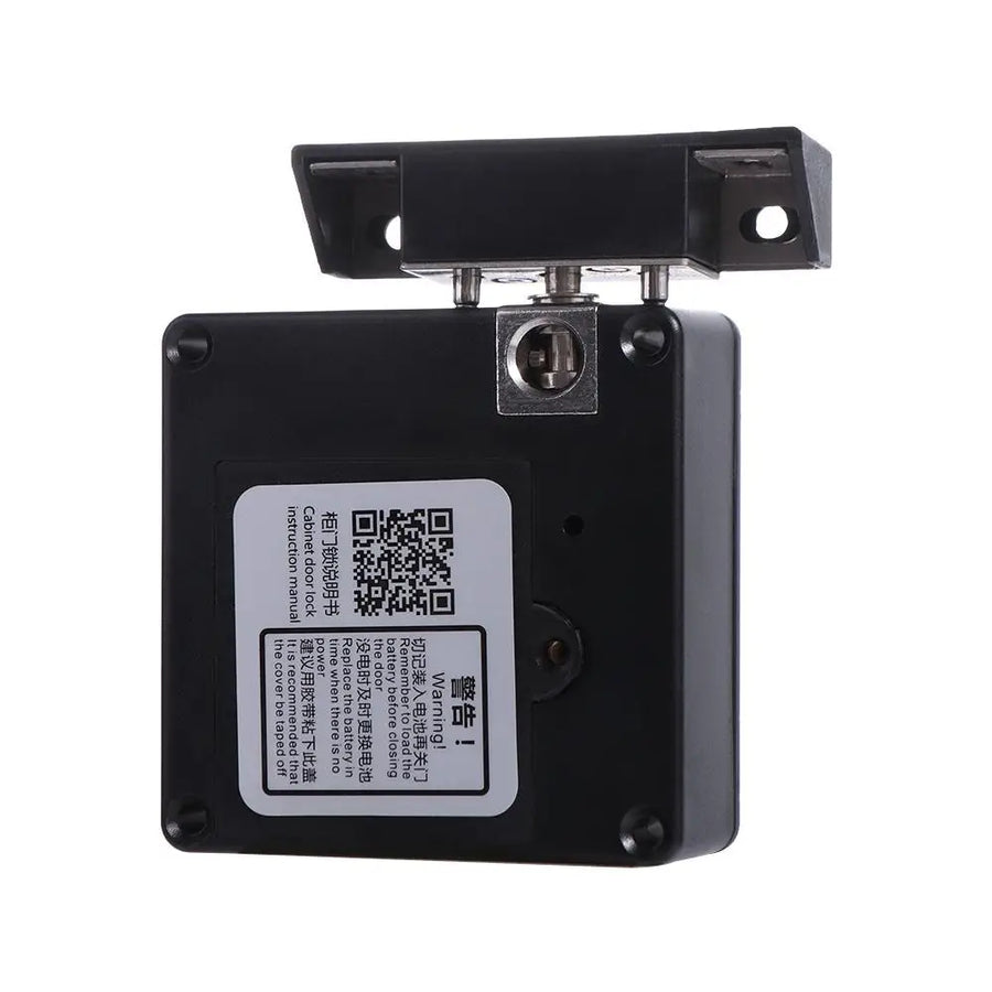 Black RFID electronic drawer lock control box with QR code label and metal mounting bracket, keyless IC card cabinet lock