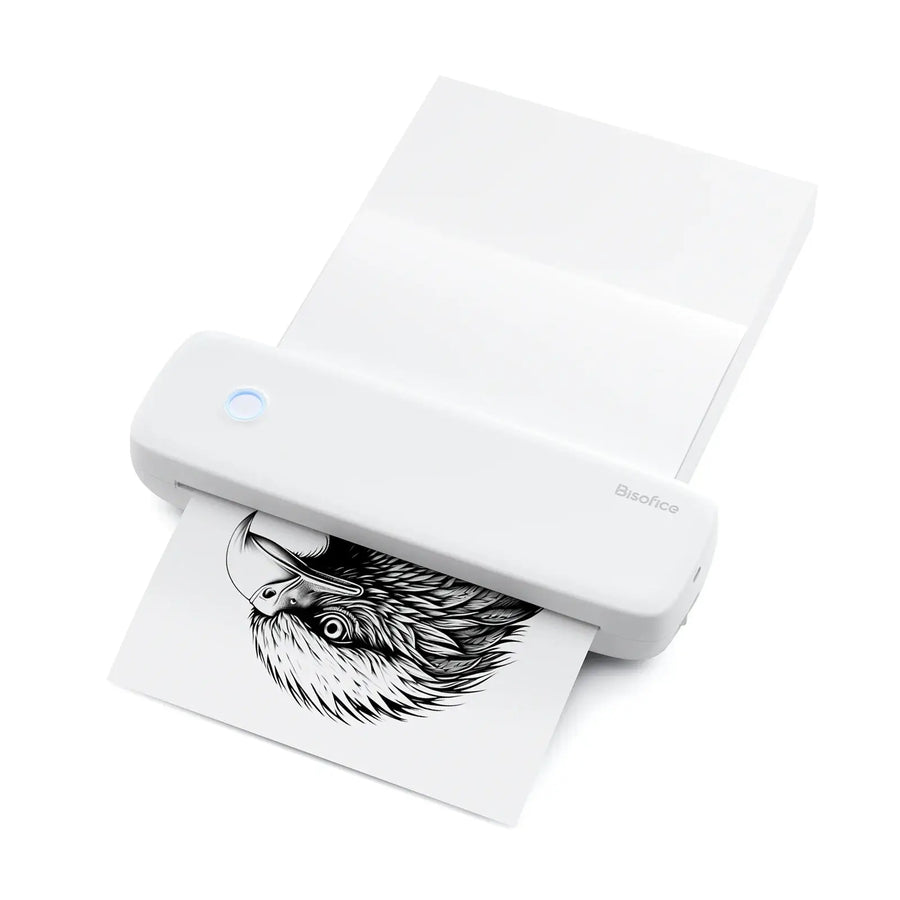 White portable Bluetooth thermal label printer printing an eagle design on a white background — wireless inkless label maker