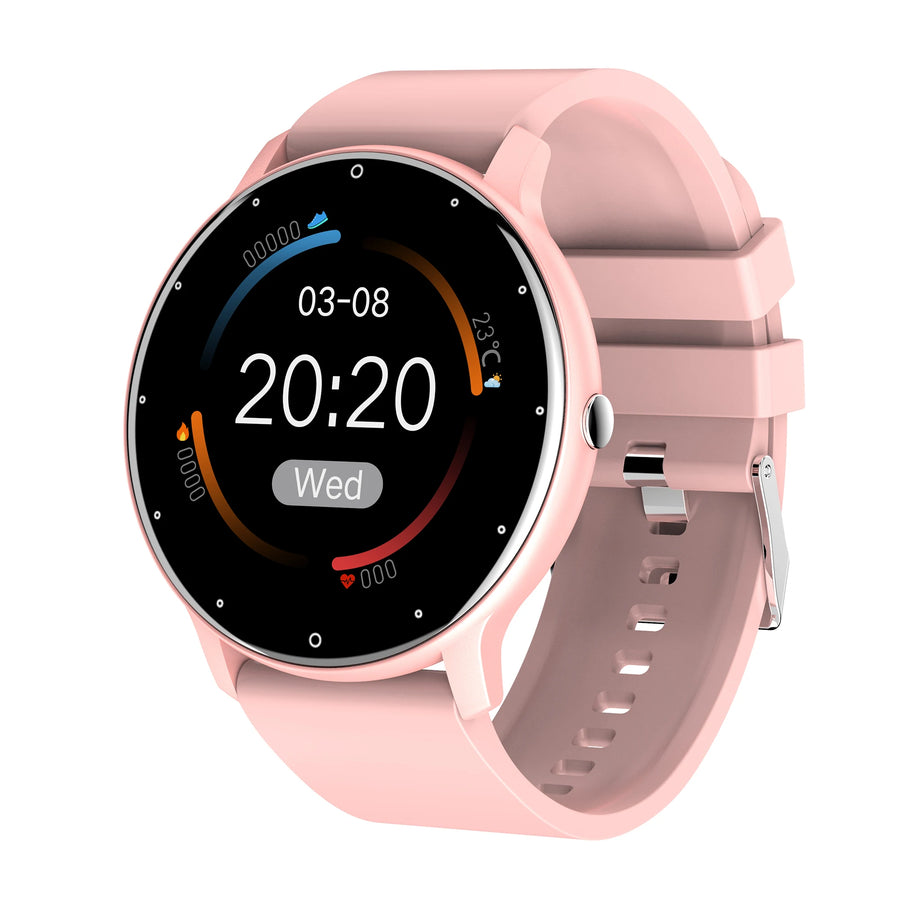 Pink smartwatch with black screen displaying time and date on white background