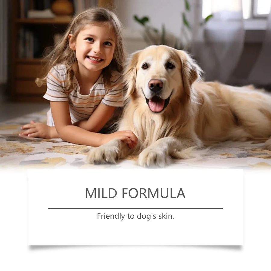 Young girl lying on a bed with a golden retriever, text 'Mild Formula Friendly to dog's skin' at the bottom.